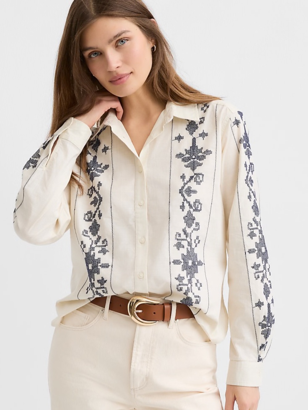 LOFT Boho Western Cream Button-Down Shirt with Navy Embroidery